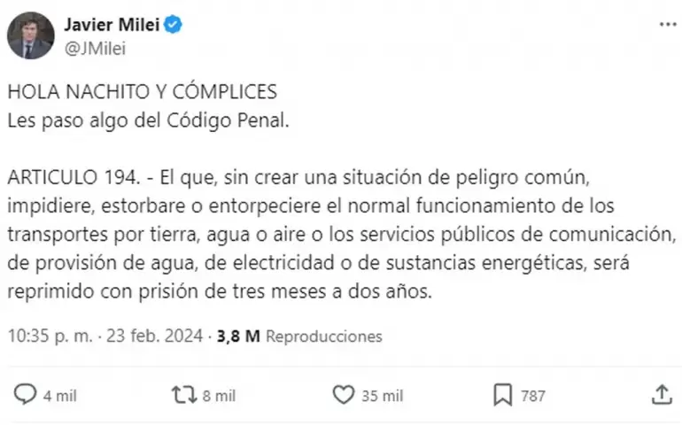 El tweet de Javier Milei a Ignacio Torres