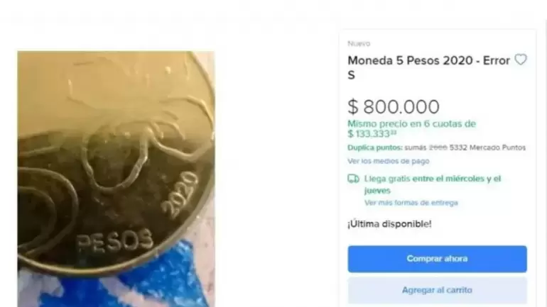 Pagan $800.000 al bienfortunado propietario de esta moneda de 5 pesos