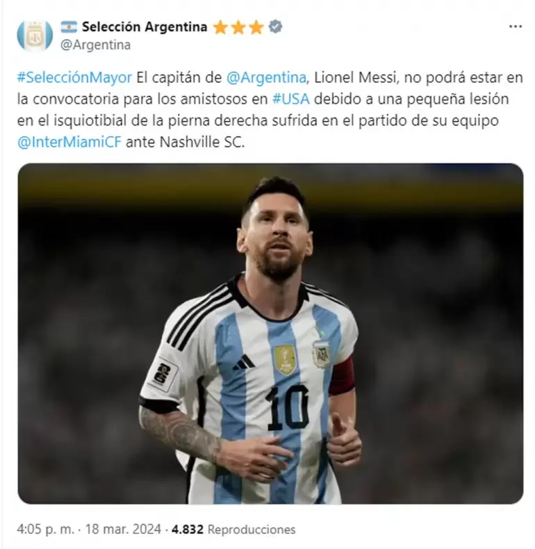 La Seleccin argentina confirm el motivo por el que Lionel Messi no estar en los amistosos de Estados Unidos