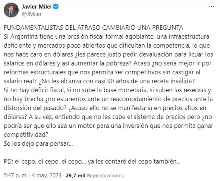 El Presidente Javier Milei neg que vaya a haber una devaluacin y apunt contra la oposicin